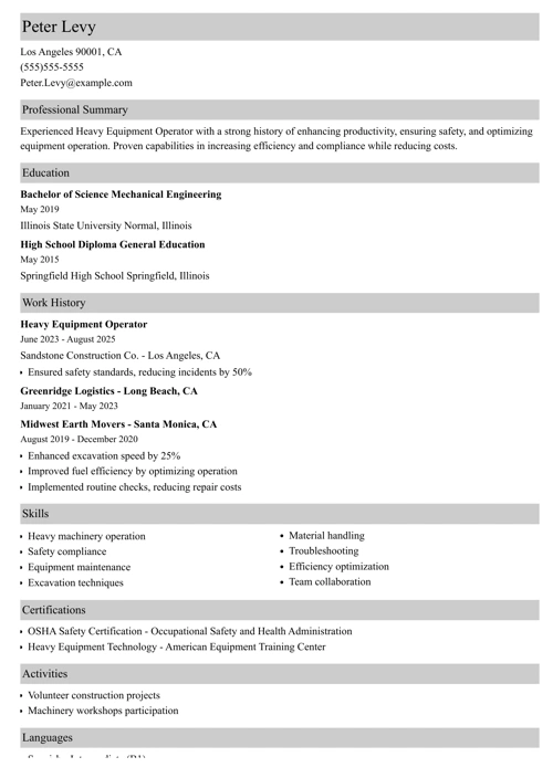 heavy equipment operator resume example