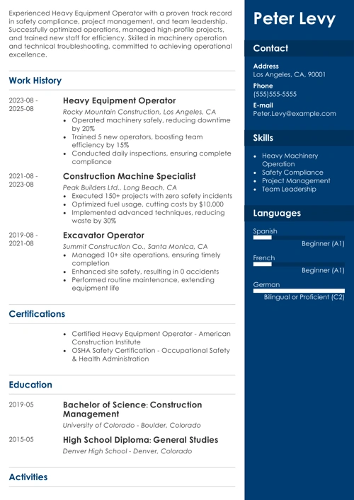 heavy equipment operator resume example