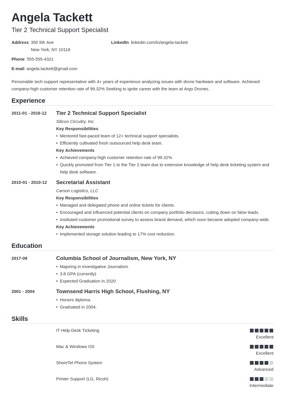 Sample Help Desk Resume Example