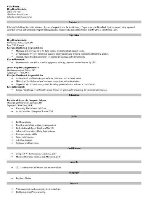 Help desk resume example