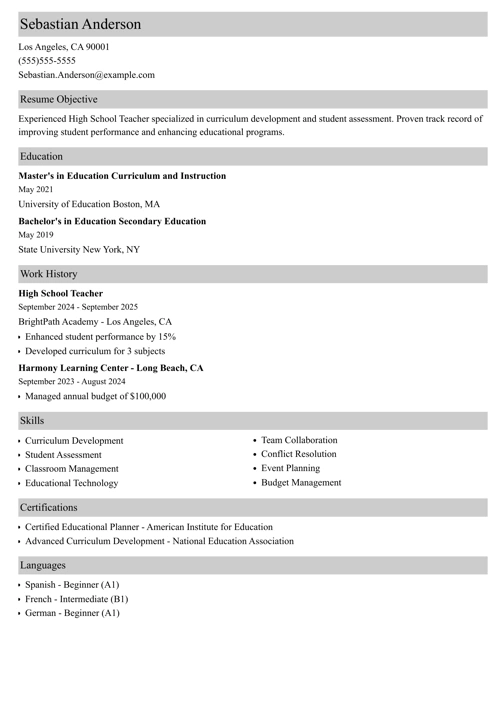 High school student resume example