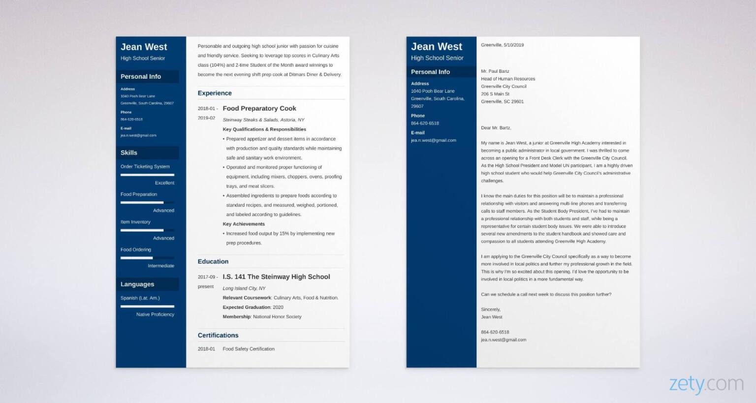 high school resume and cover letter set