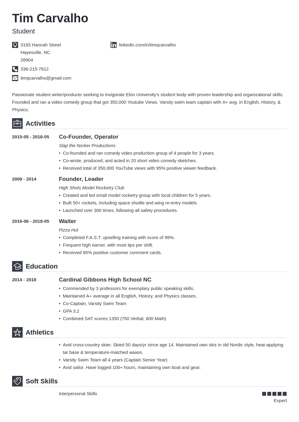 College admission student resume
