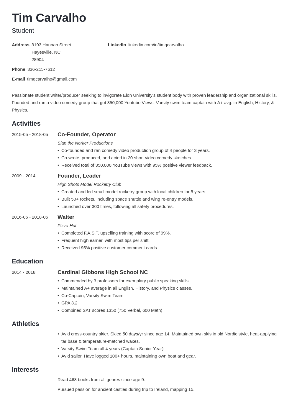 resume for high school student for college template