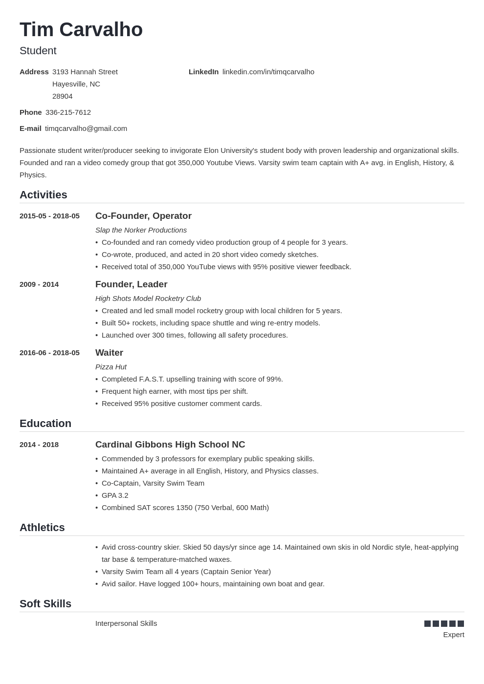 example of a college resume for a highschool senior