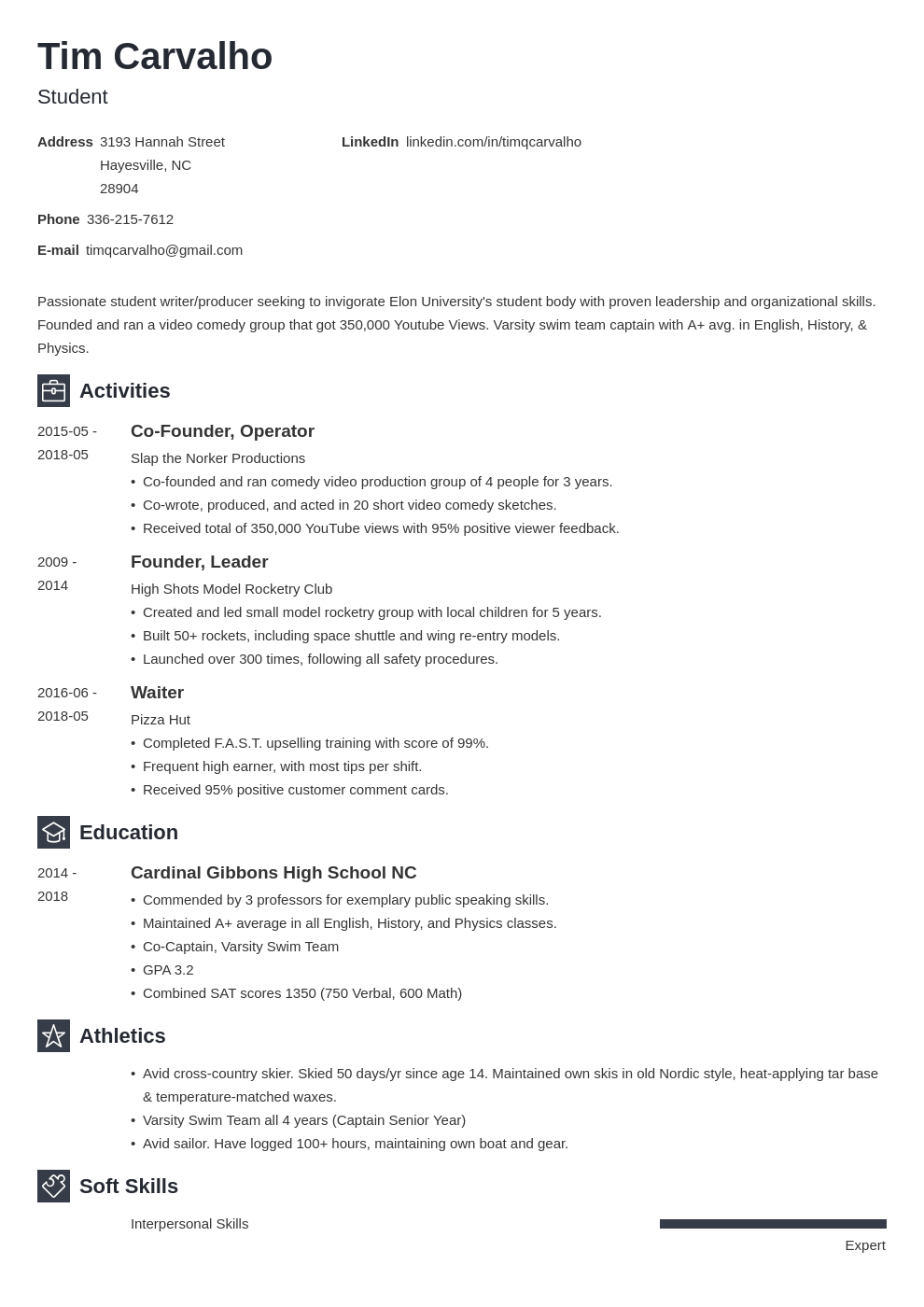 resume format for college application
