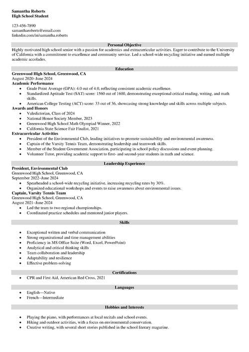 sample resume for college application