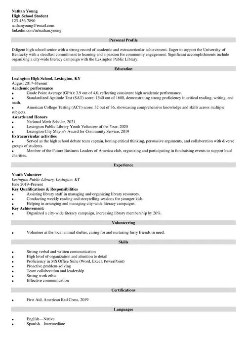 sample resume for college application