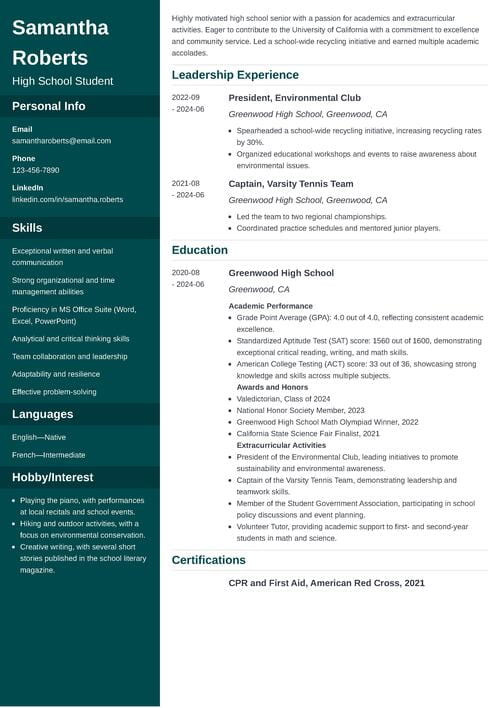 sample resume for college application