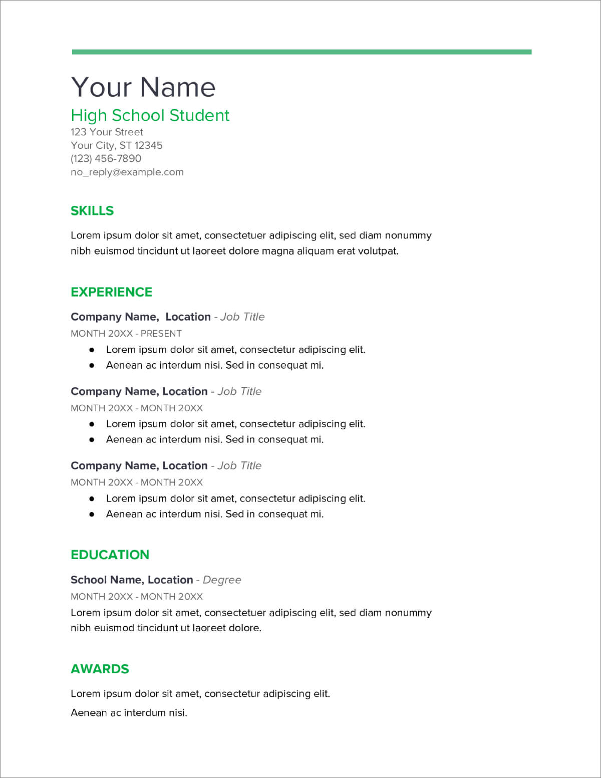 resume template google docs for high school student