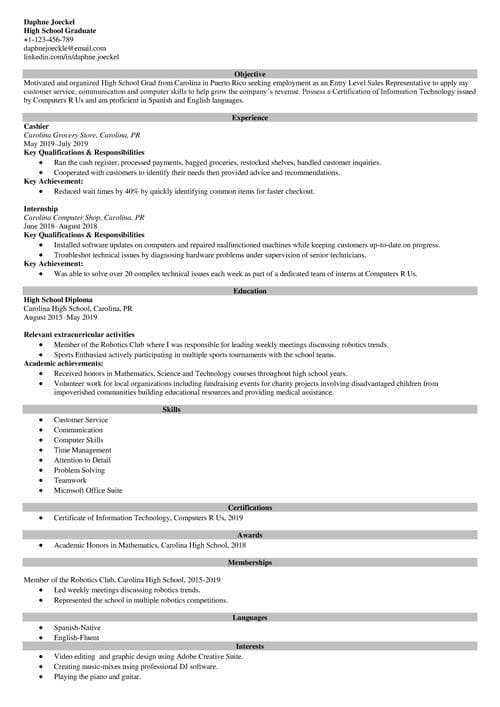 High school student resume example