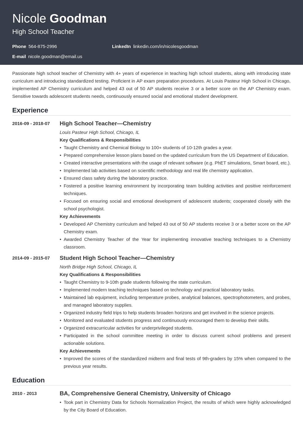 high school teacher resume example template influx