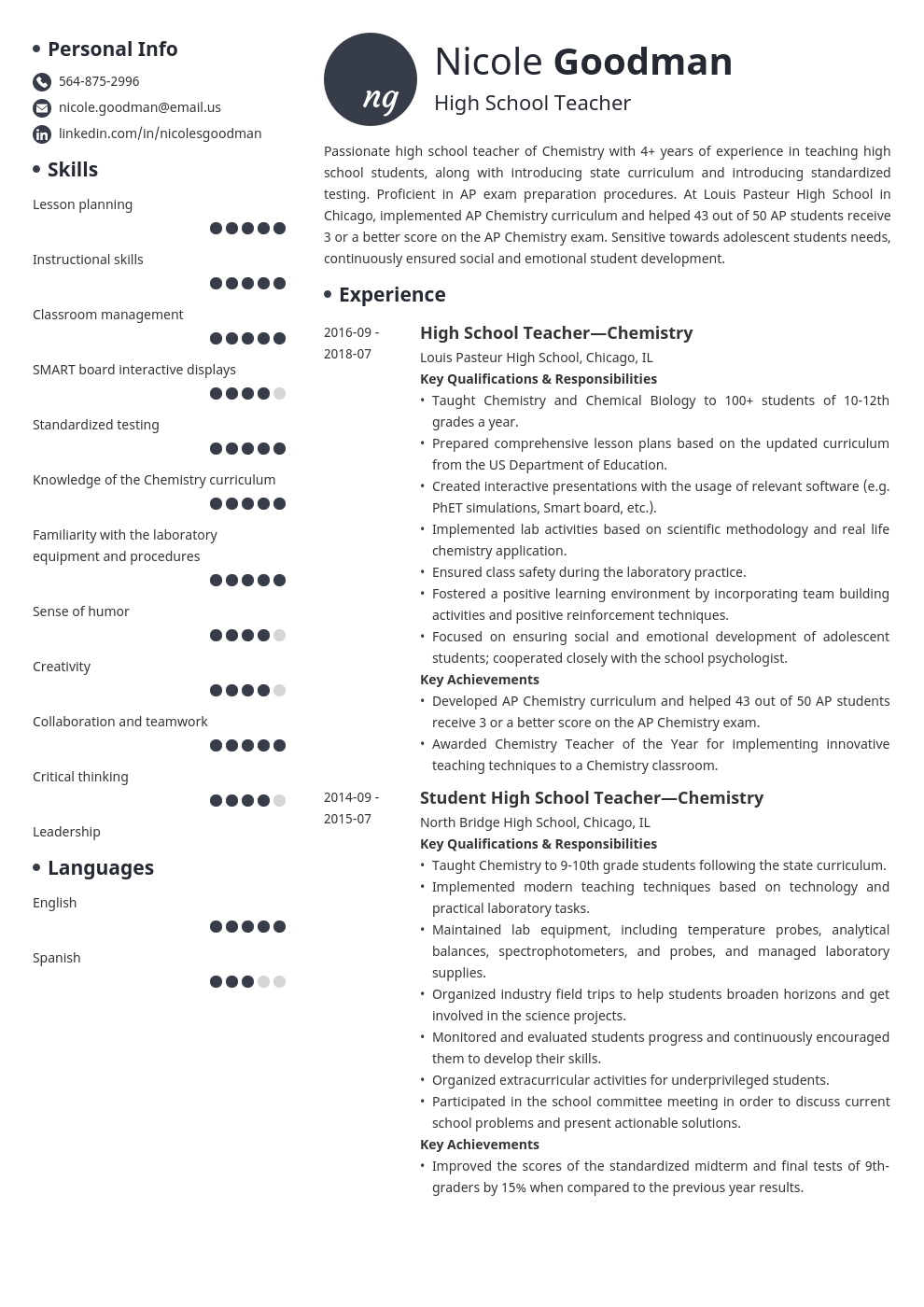 high school teacher resume example template initials