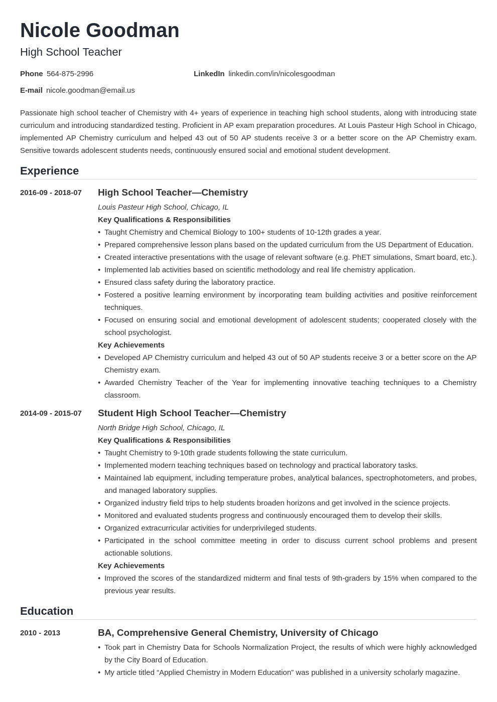 resume for high school teacher