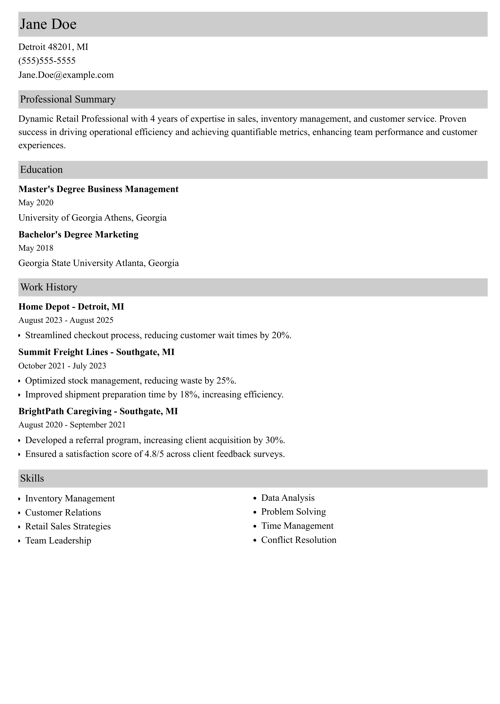 Home Depot resume example