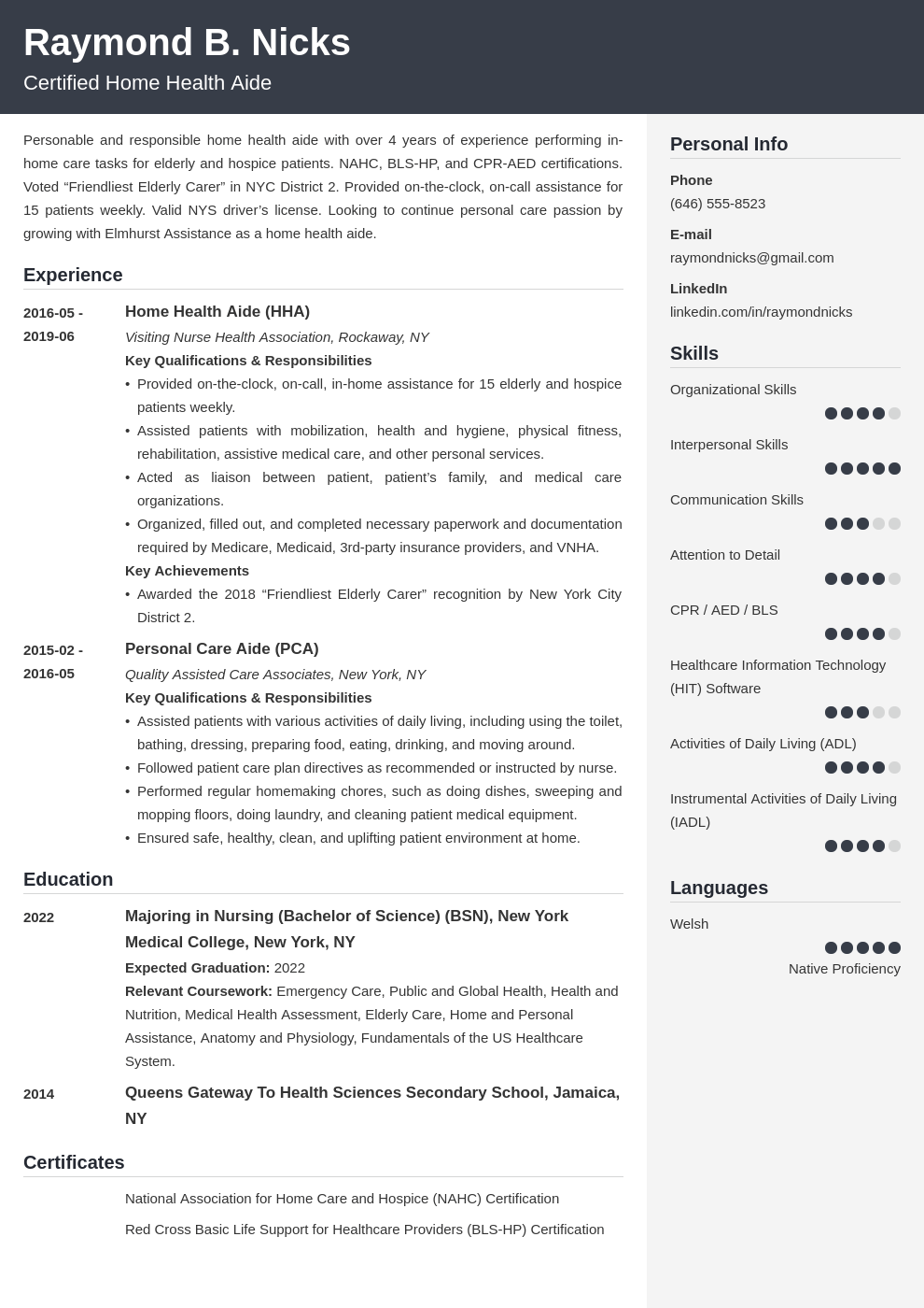 sample resume for home health aide