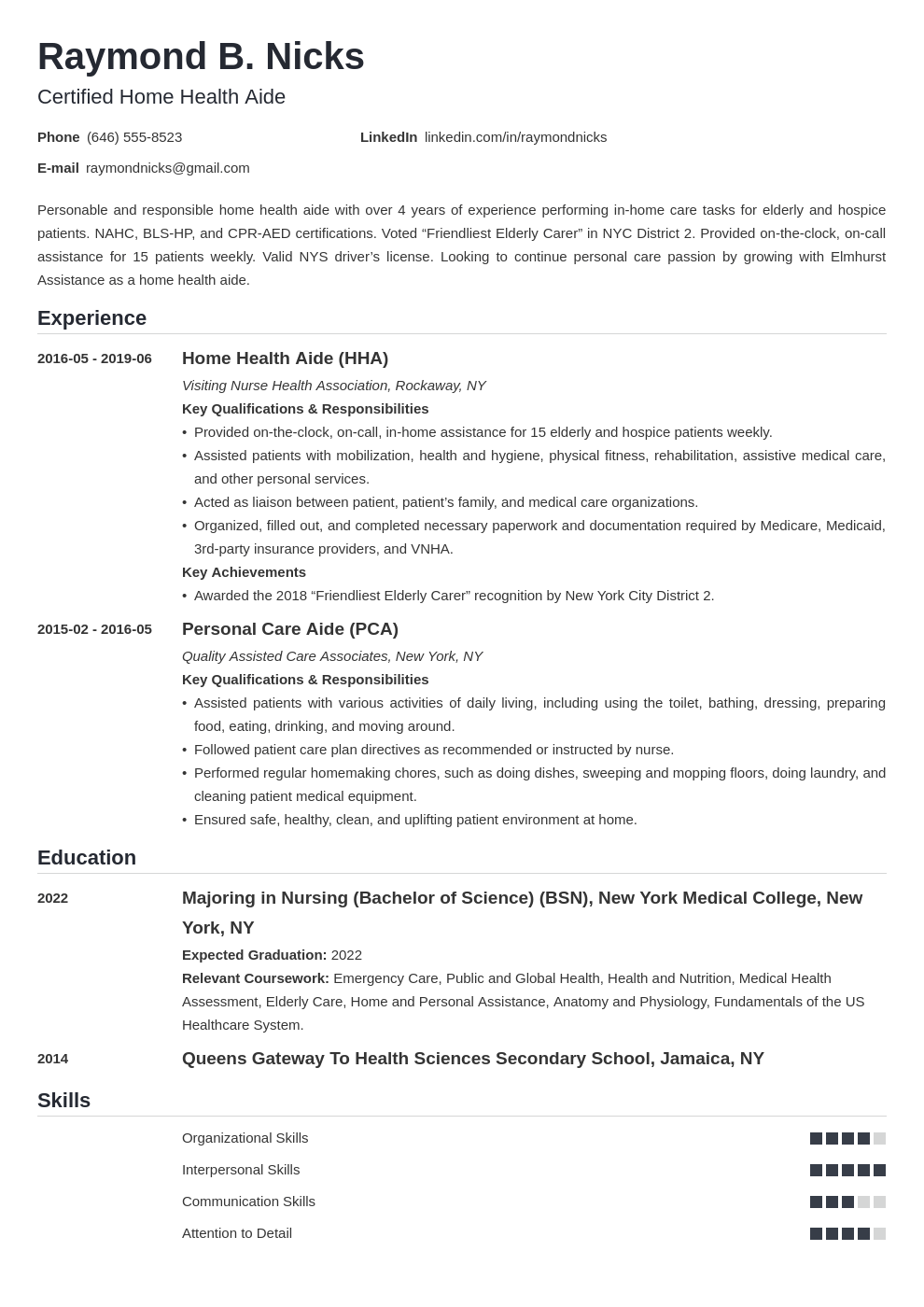 Home Health Care Resume Example