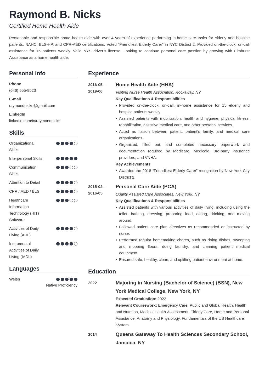 home health aide resume example template simple