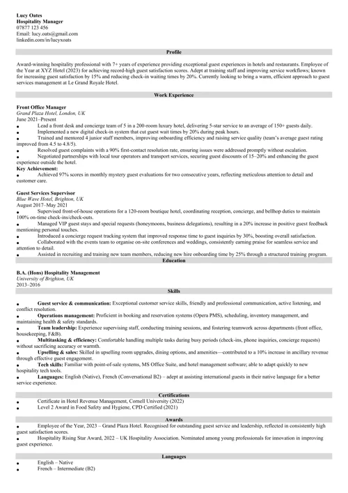 Hospitality CV example for UK jobs