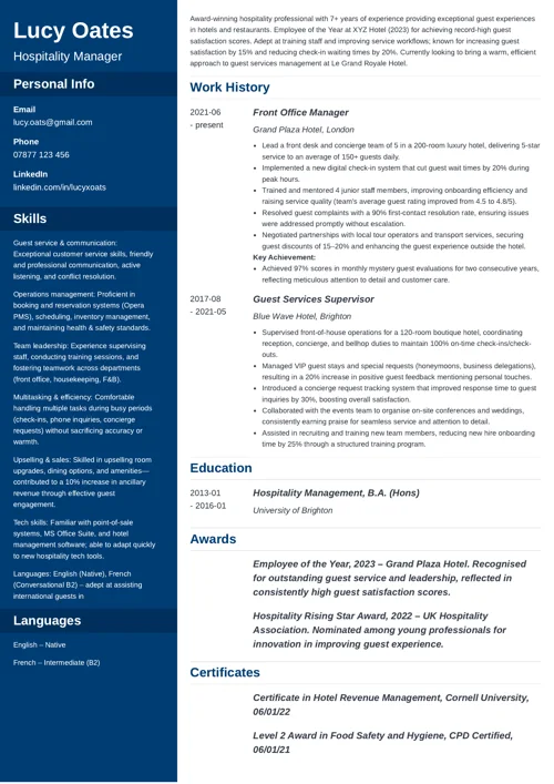 Hospitality CV example for UK jobs