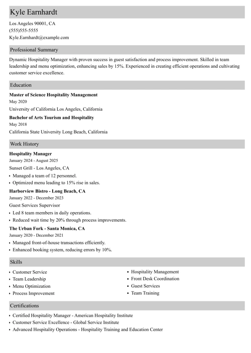 Hospitality resume example