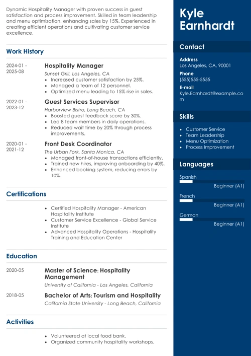 Hospitality resume example