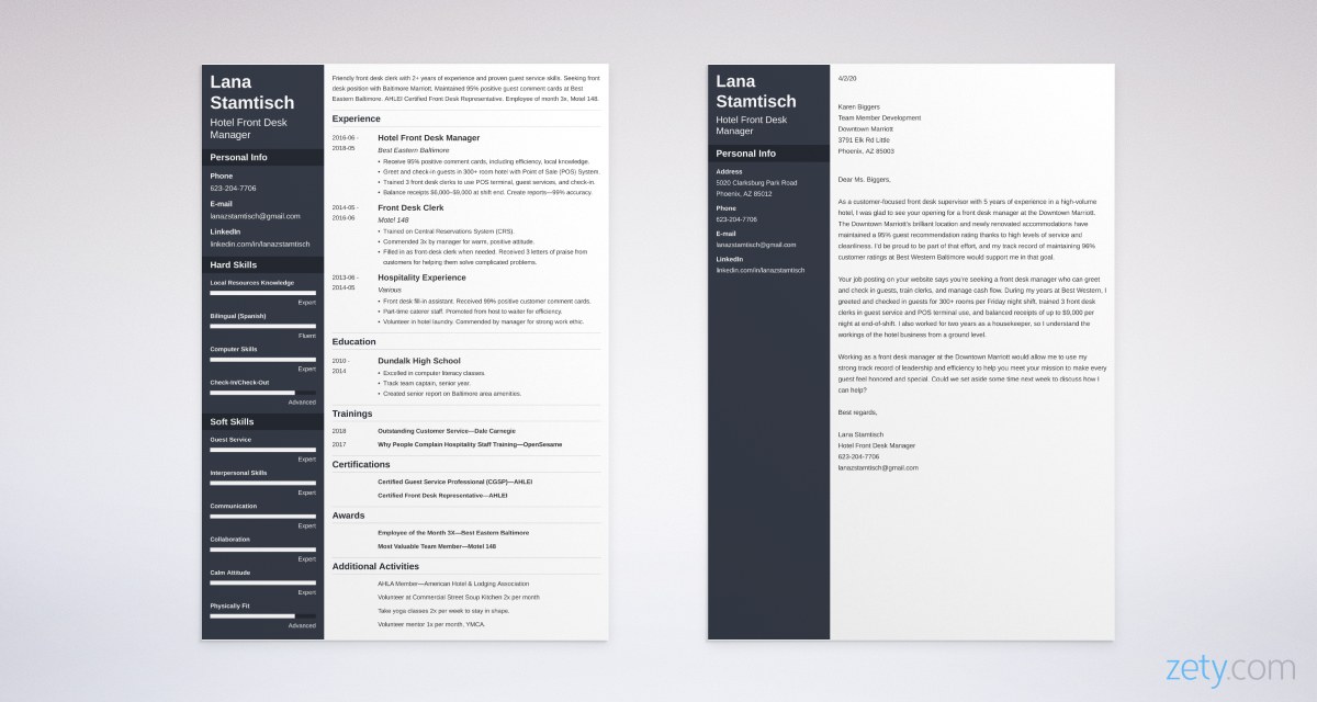 hospitality resume and cover letter set