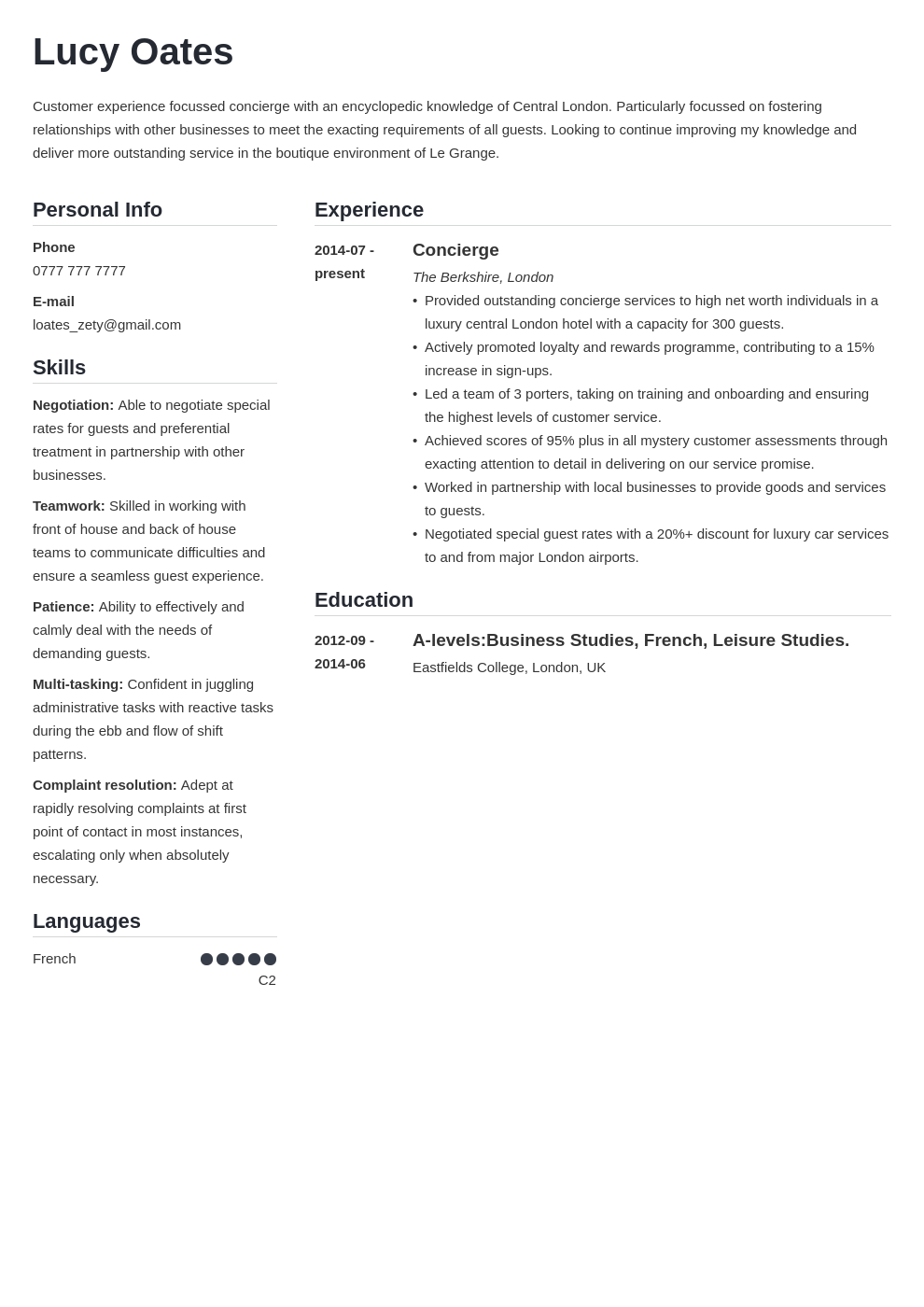 personal statement examples for cv hospitality
