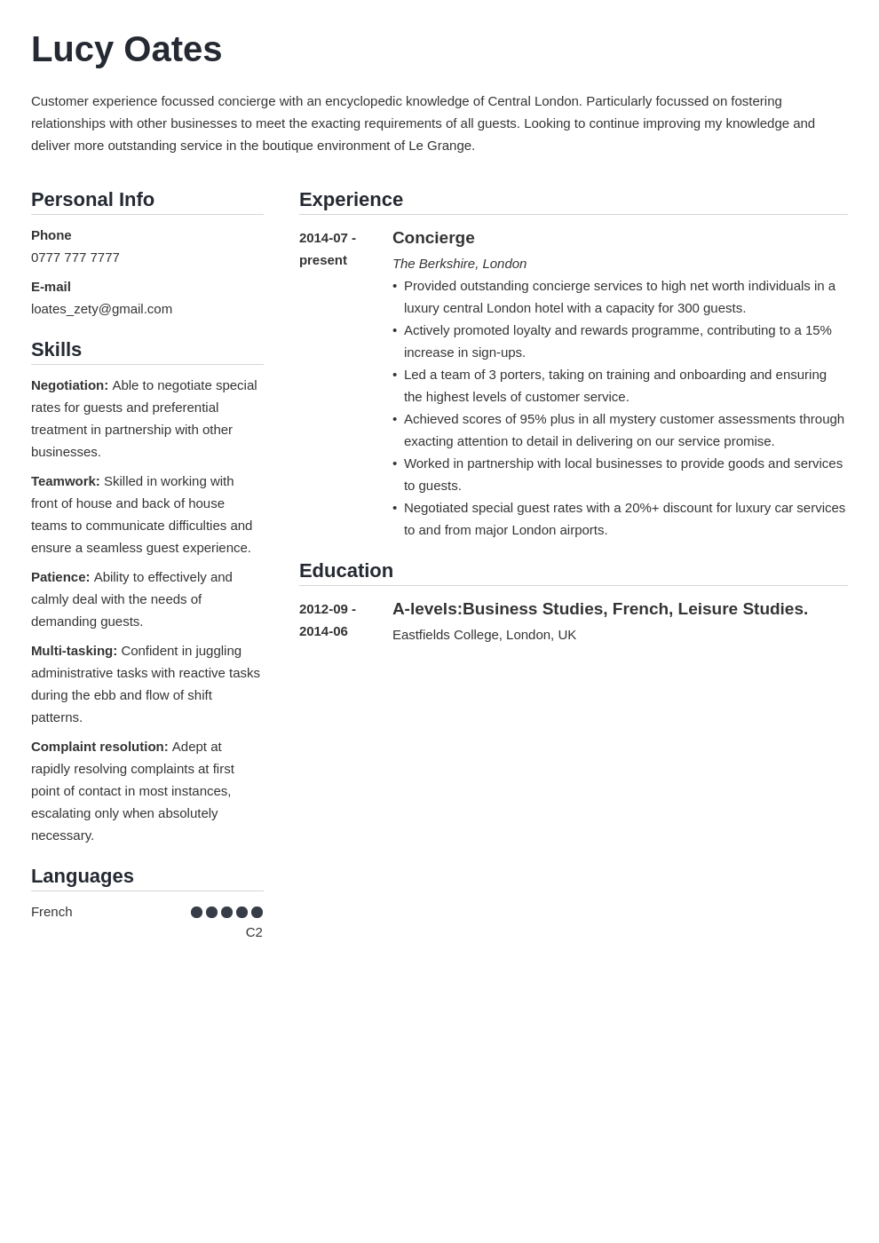 cv personal statement hospitality