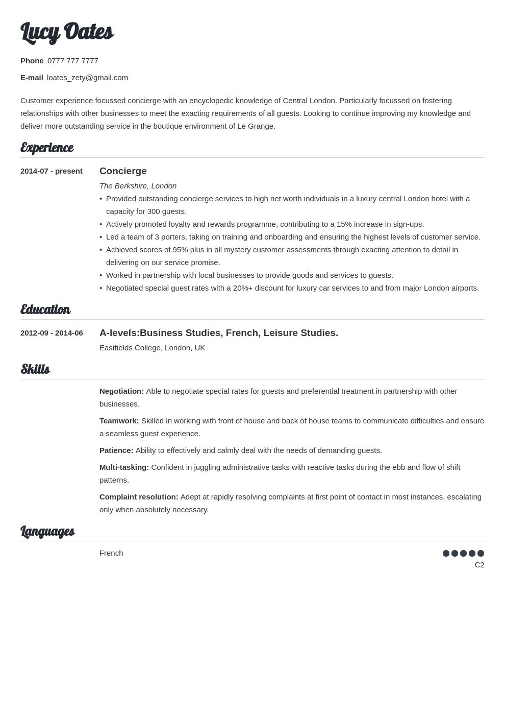 cv personal statement examples hospitality management