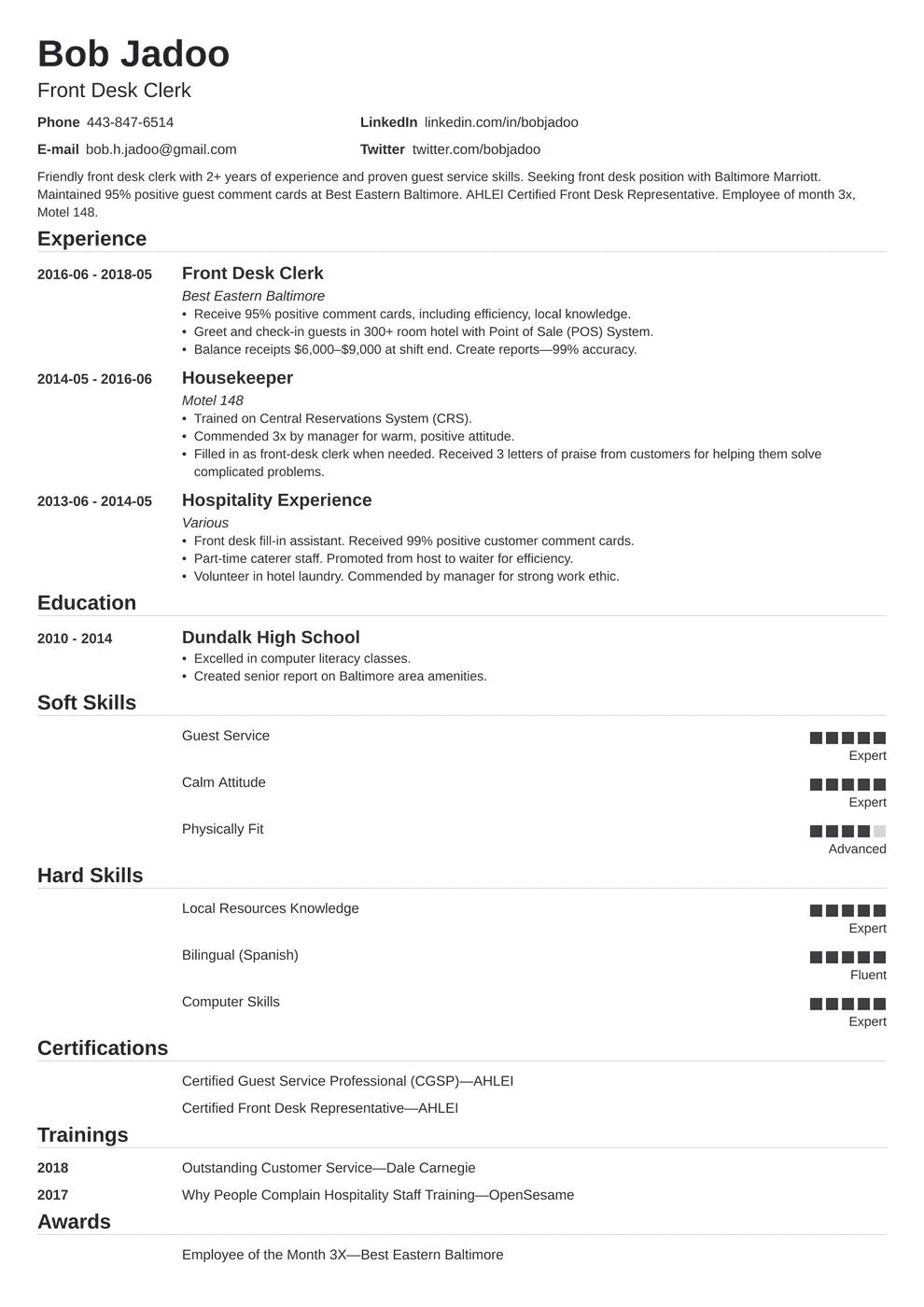 Hospitality Job Resume