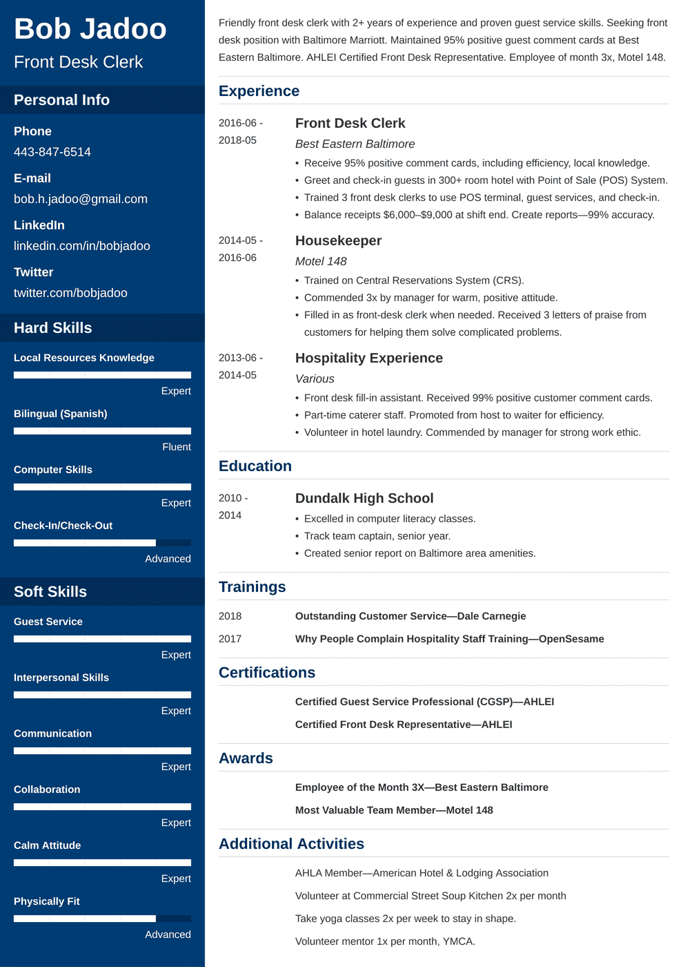 Hospitality Resume Example Guide Hospitality Skills 