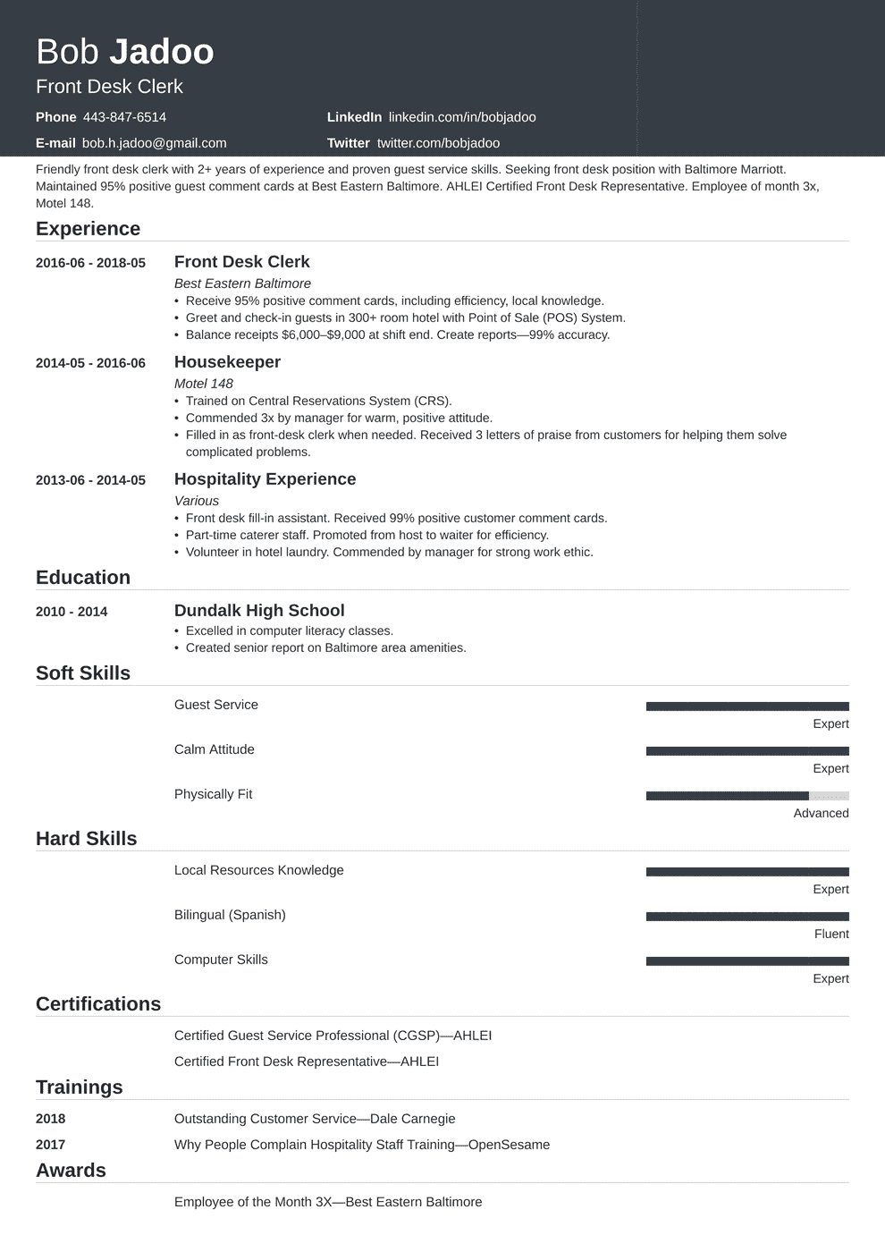 sample objective for resume hospitality