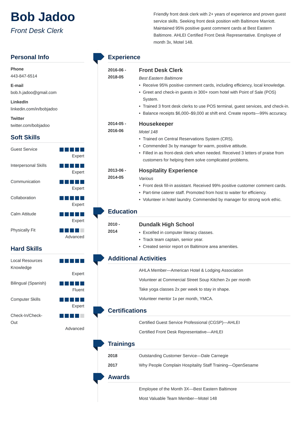 Hospitality Resume Example Guide Hospitality Skills 