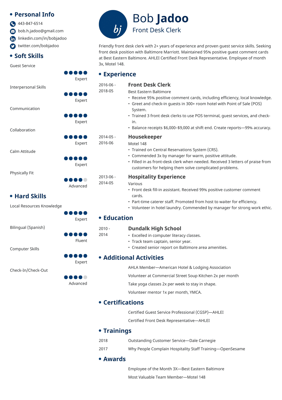 skills and abilities for hospitality resume examples