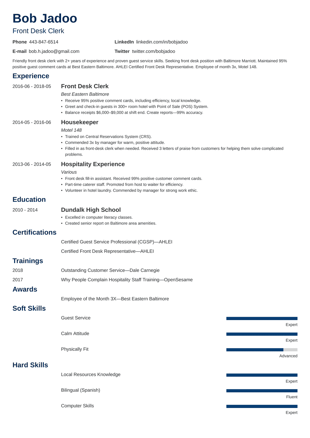 objective in resume hospitality management