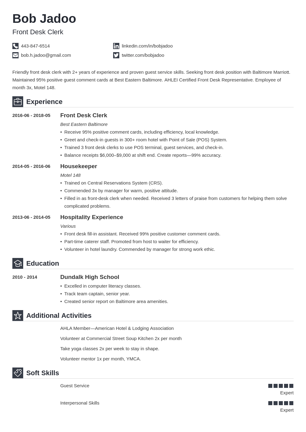 Hospitality Resume Examples Objective Amp Skills