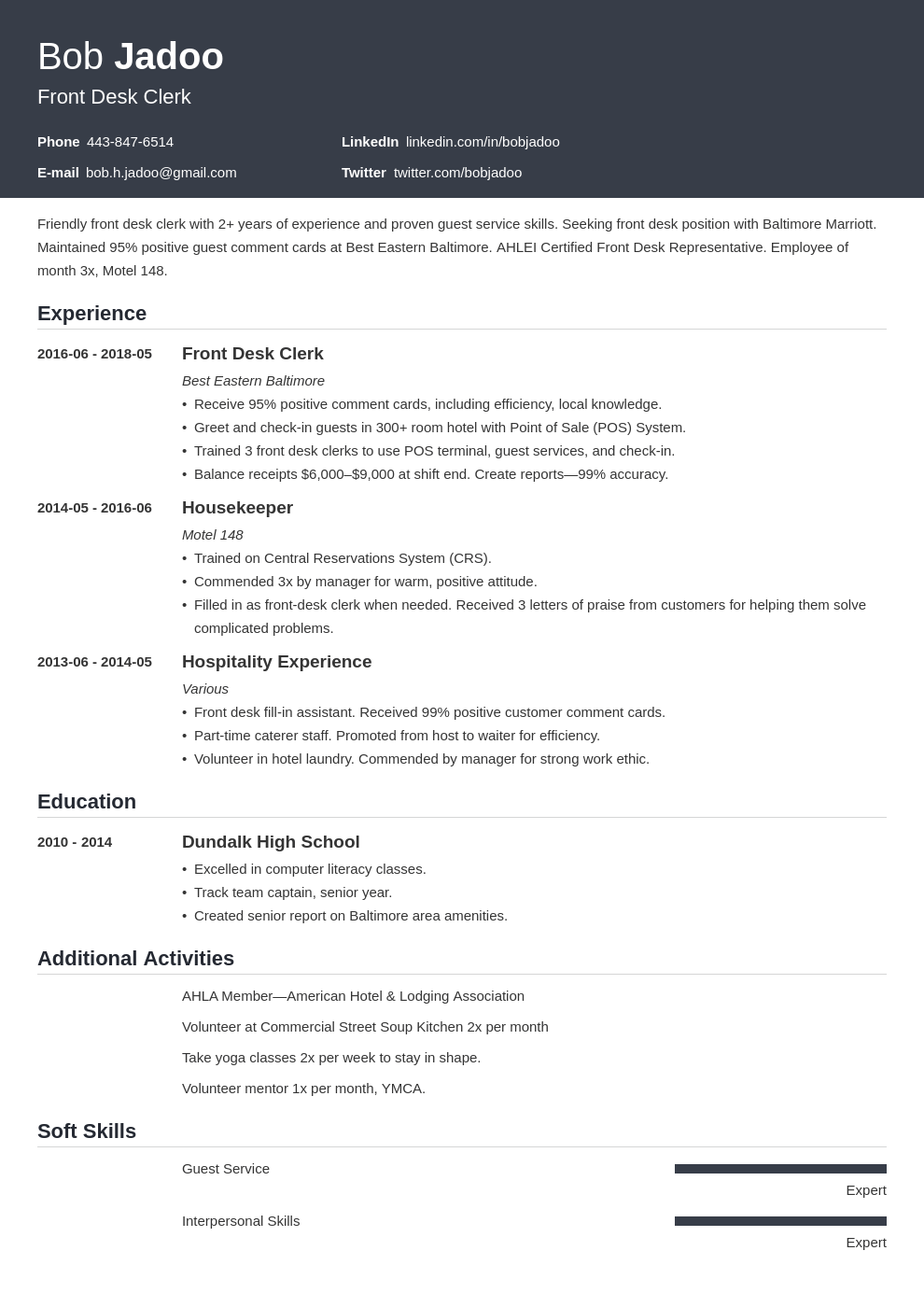 hospitality resume example template influx