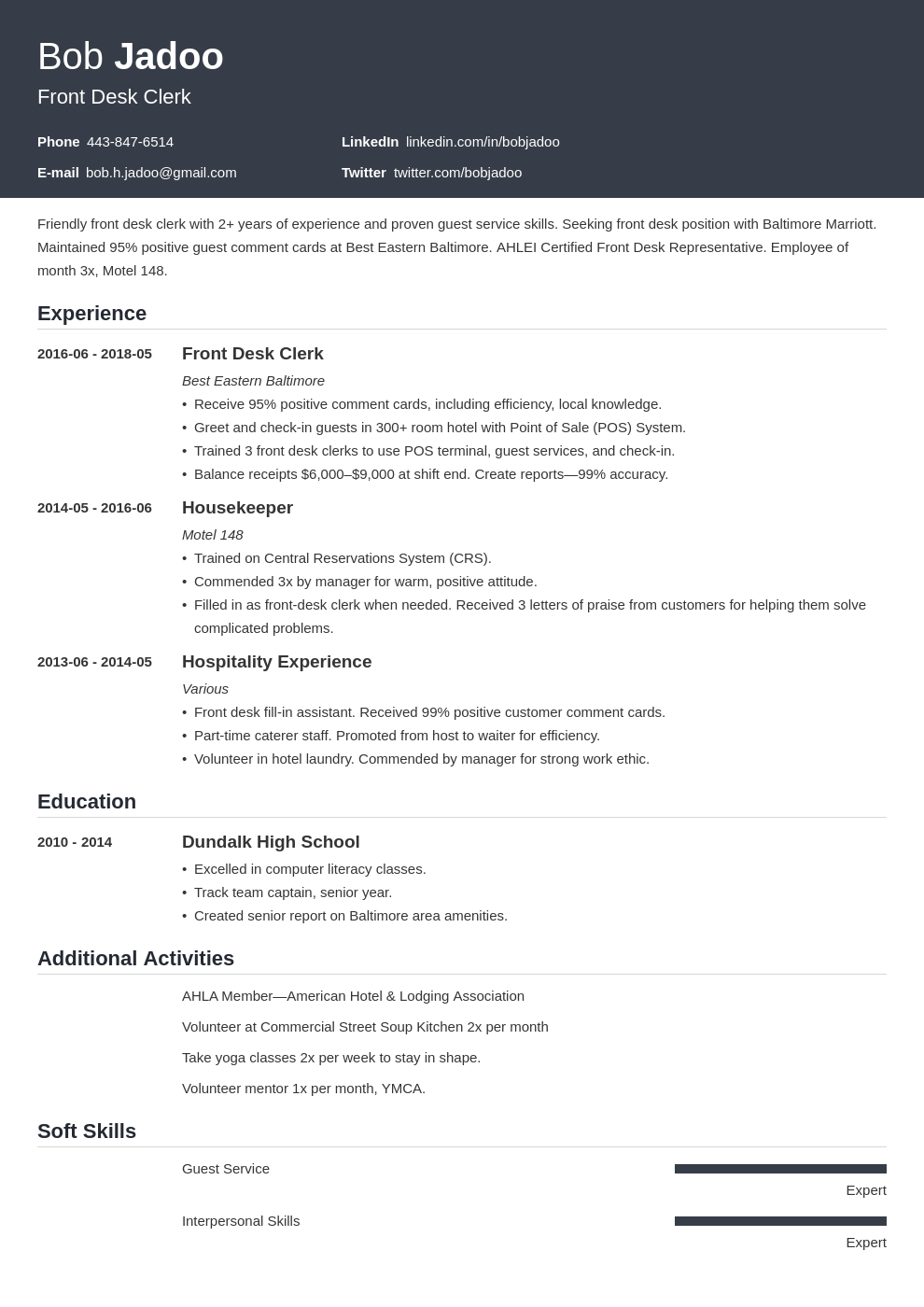 hospitality management resume objective examples