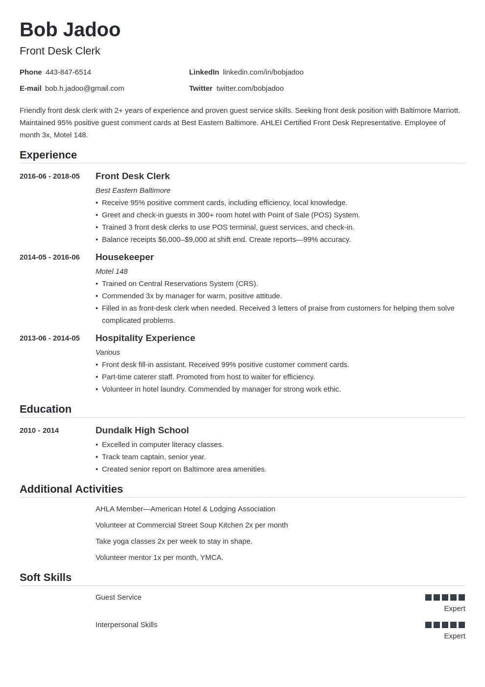 Hospitality Resume Examples Objective Skills