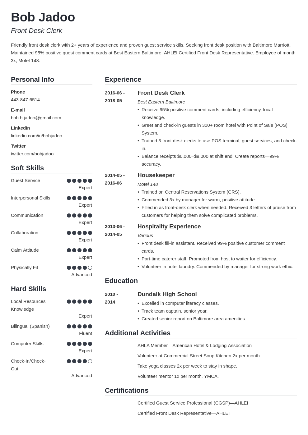 hospitality resume example template simple