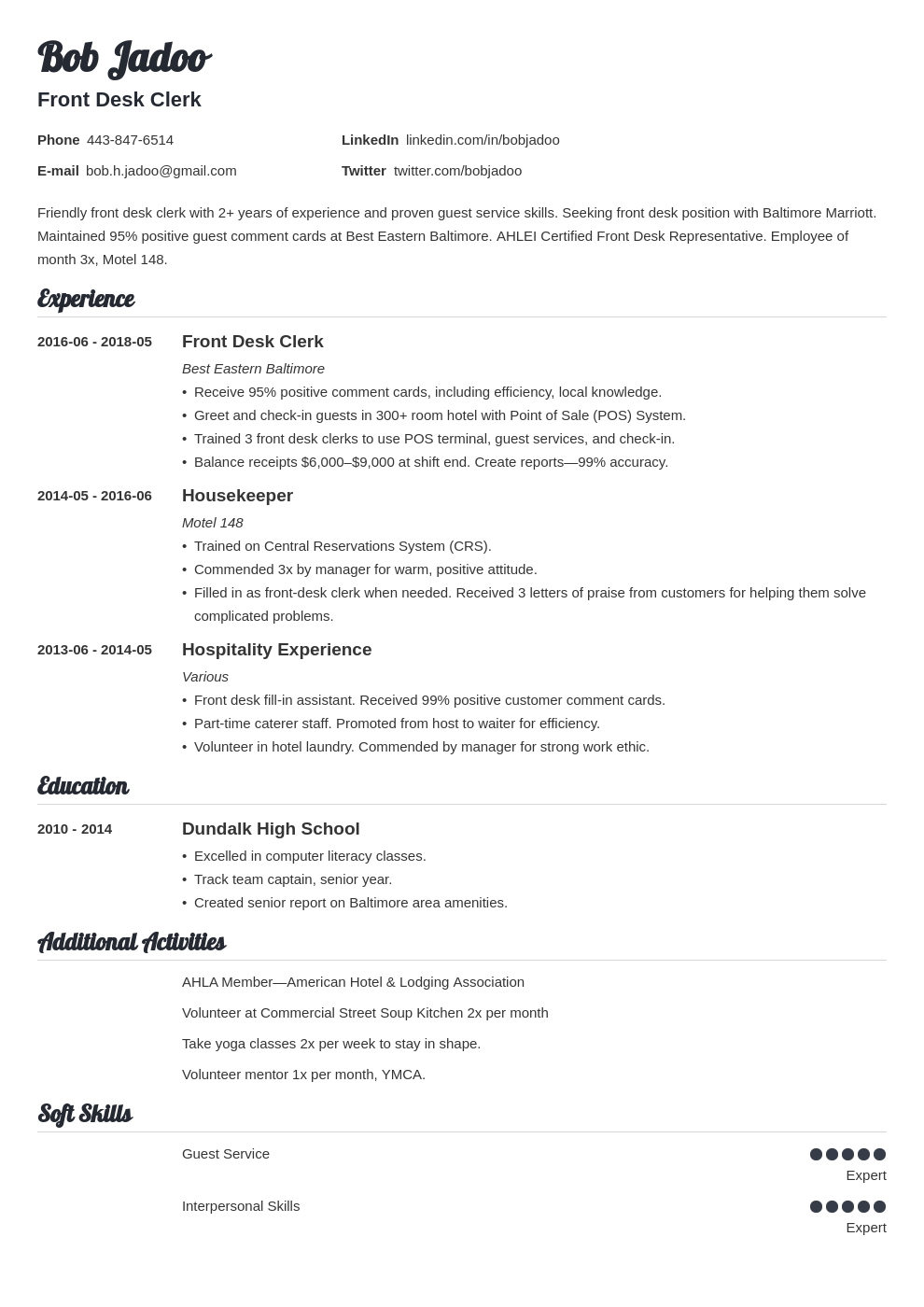 hospitality resume example template valera