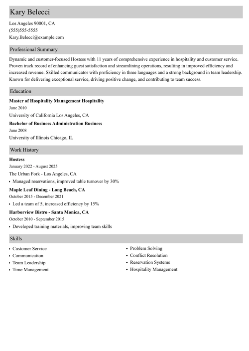 Hostess resume example