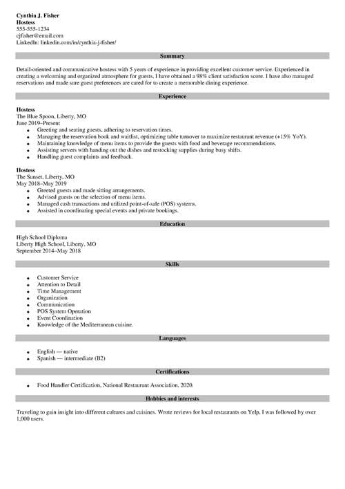 Hostess job description for a resume