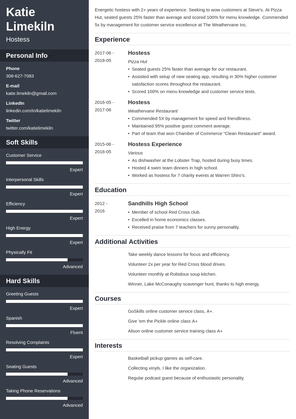 hostess resume example template cascade