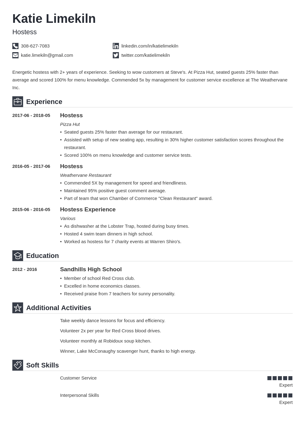 hostess cv example