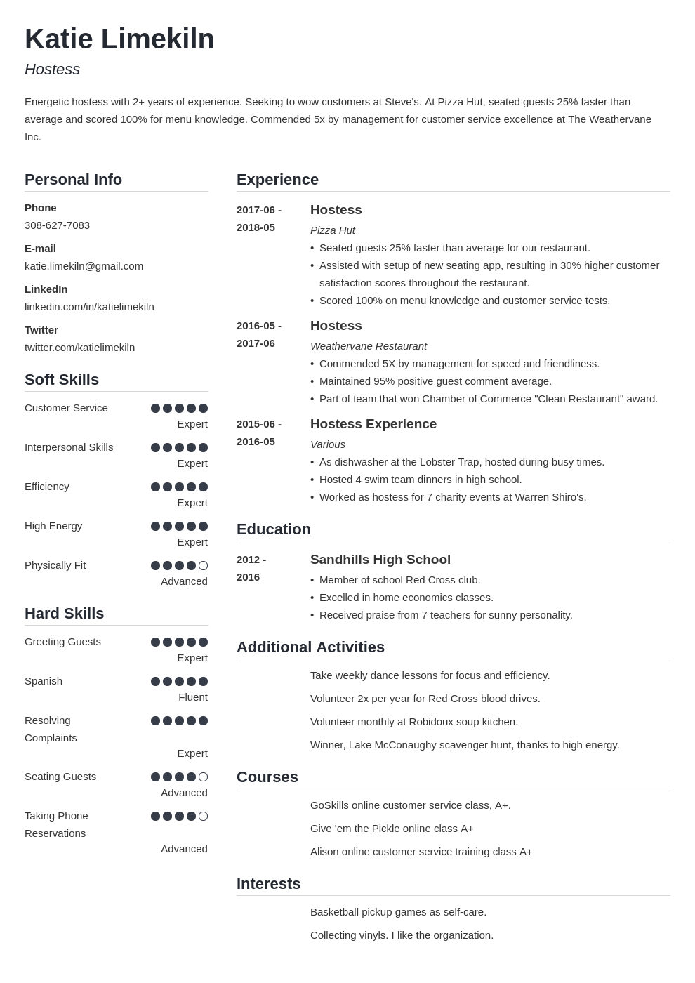 hostess resume example template simple