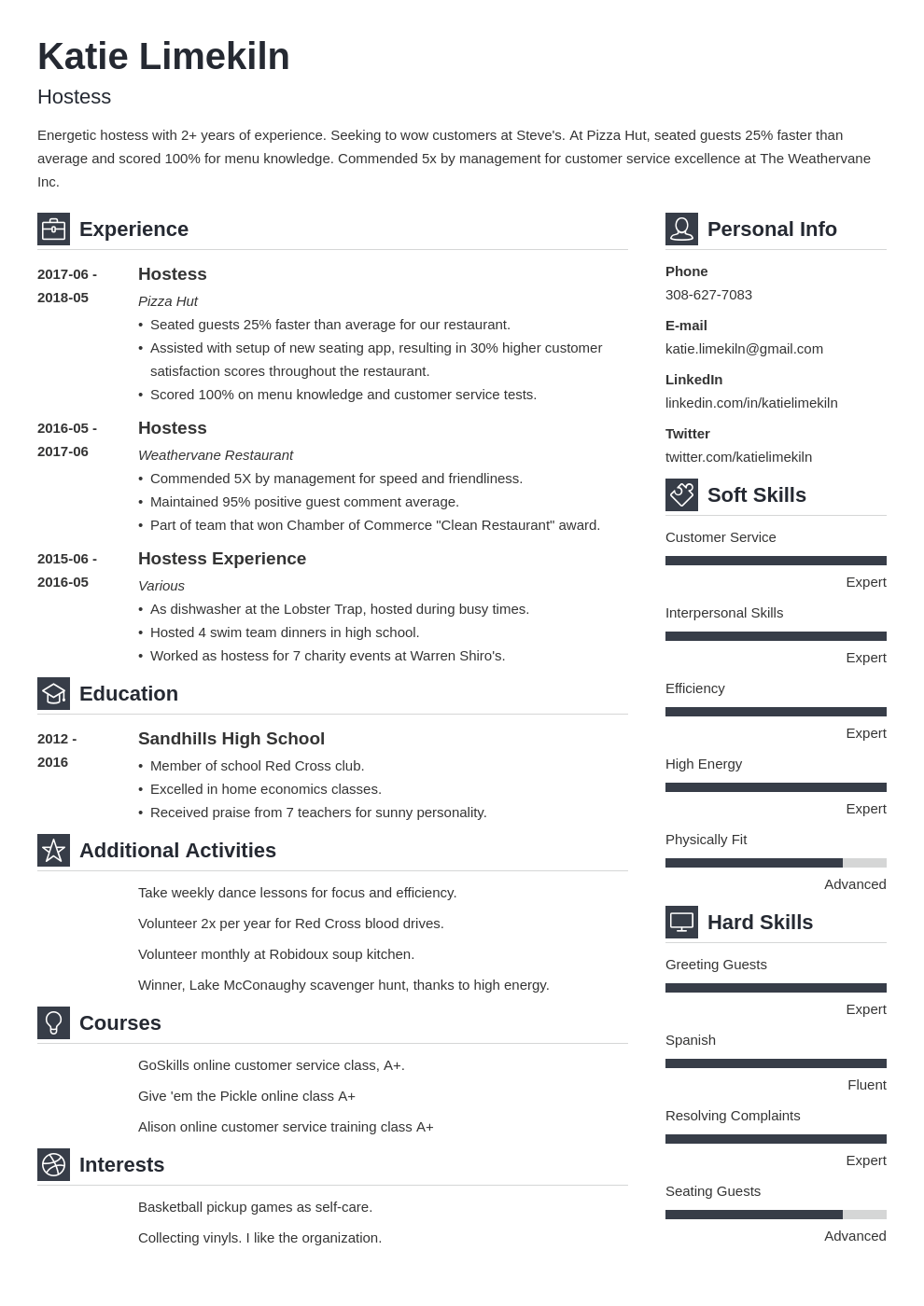 hostess resume example template vibes