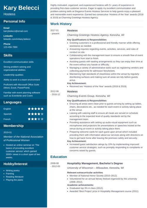 Hostess resume example