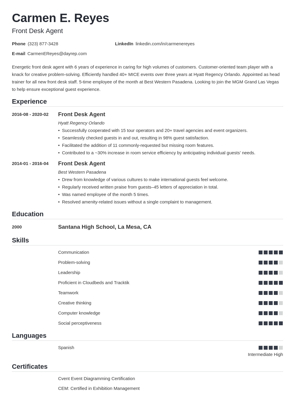 Hotel Front Desk Resume Template Prntbl concejomunicipaldechinu gov co